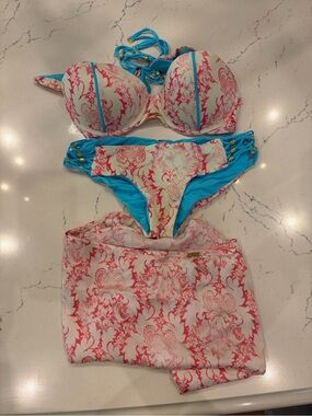 Blue & Pink Printed Push-Up Bikini Set with Cover-Up